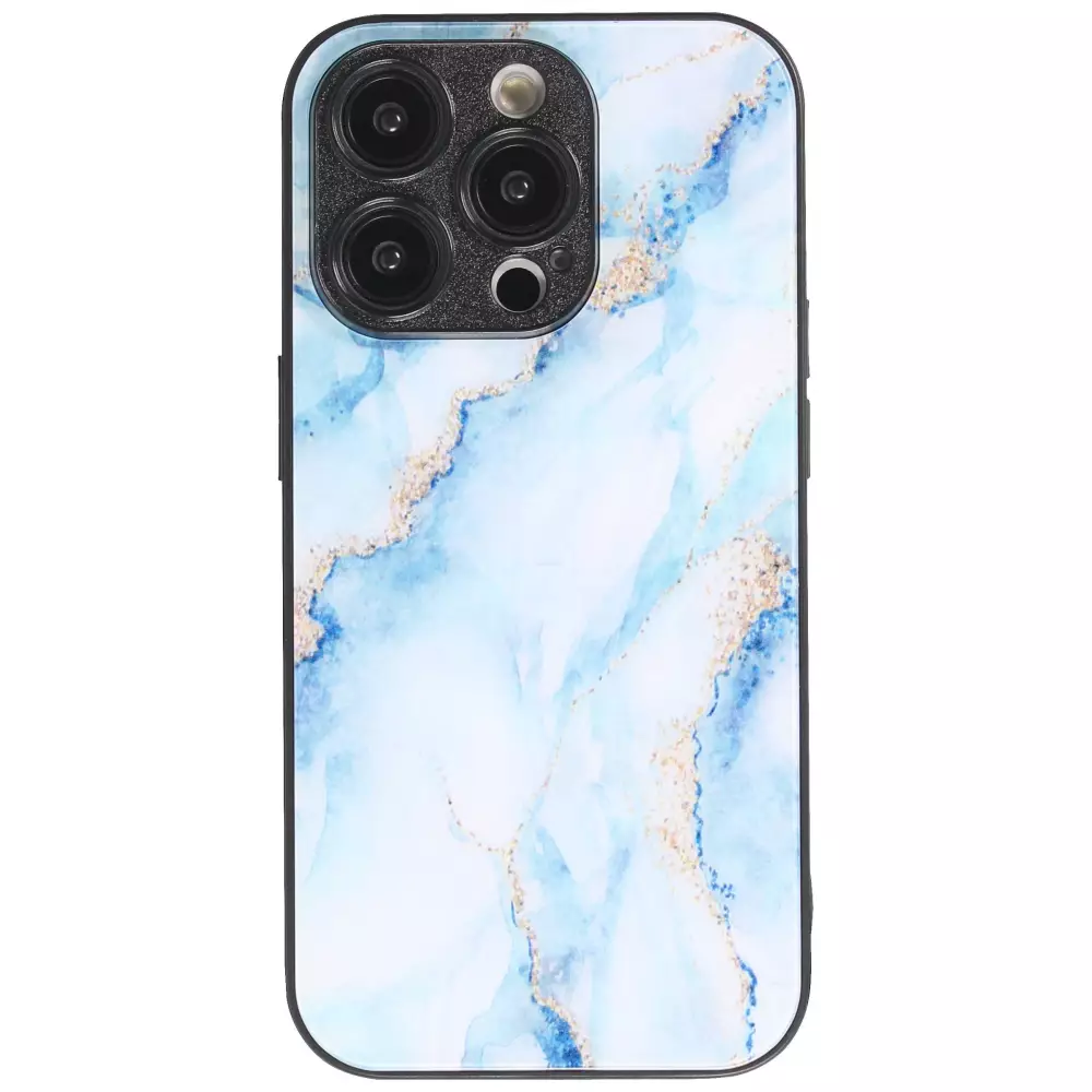 iPhone 13 Pro Max Case Hülle - Glass Marmor mit Silikonrand - Hellblau