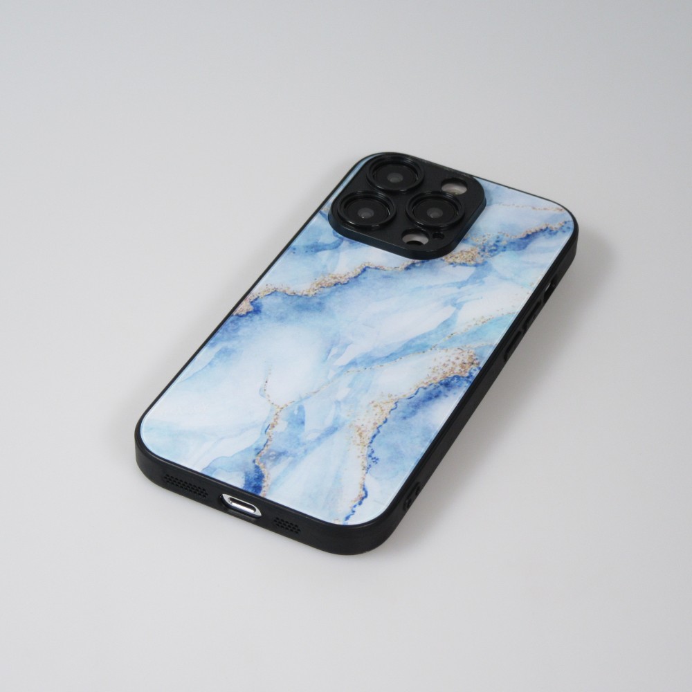 Coque iPhone 13 Pro Max - Glass marbre avec bord en silicone - Bleu clair