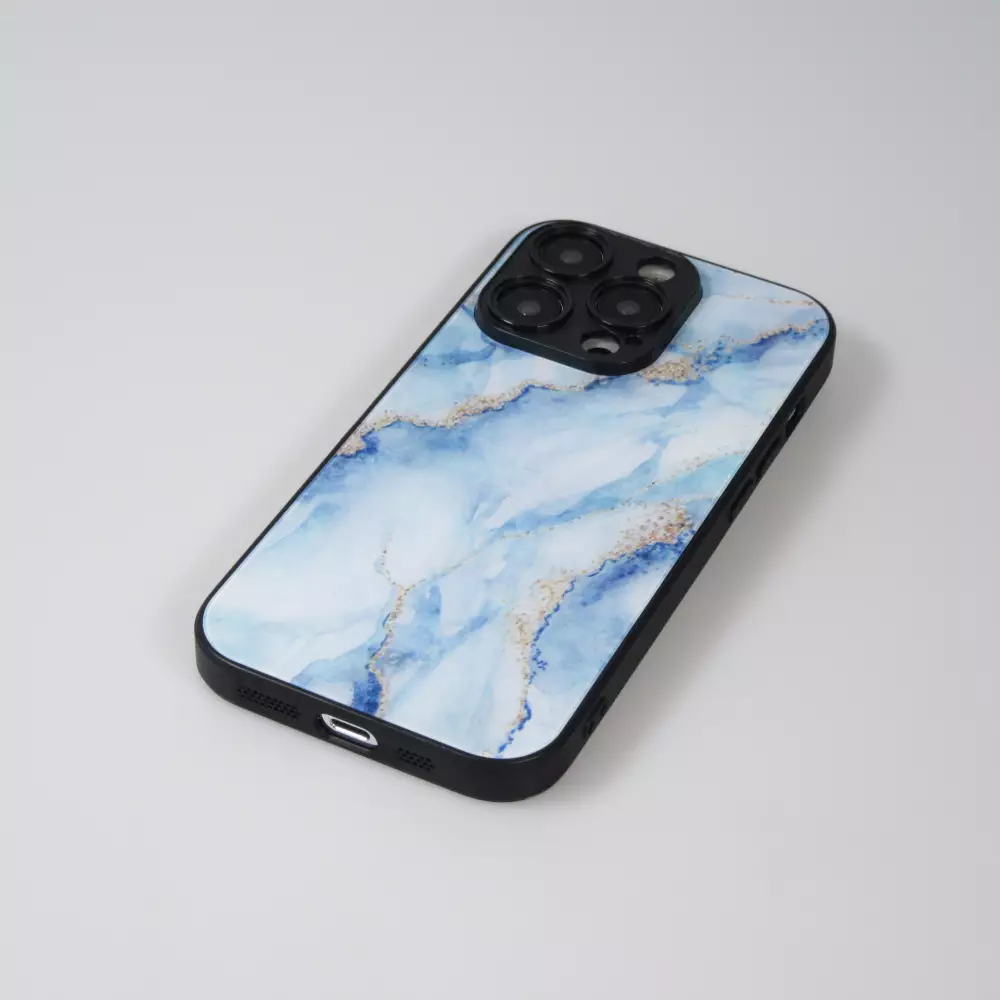 iPhone 13 Pro Max Case Hülle - Glass Marmor mit Silikonrand - Hellblau