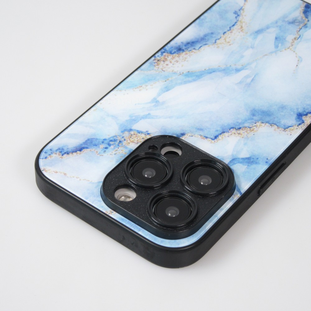 Coque iPhone 13 Pro Max - Glass marbre avec bord en silicone - Bleu clair