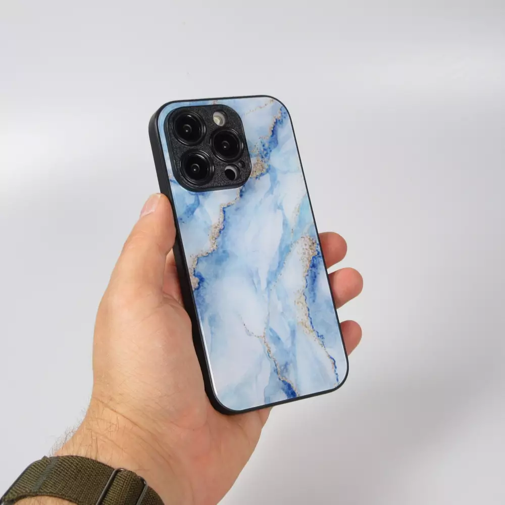 iPhone 13 Pro Max Case Hülle - Glass Marmor mit Silikonrand - Hellblau