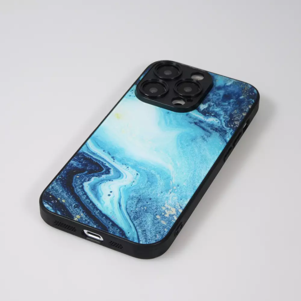iPhone 13 Pro Max Case Hülle - Glass Marmor mit Silikonrand - Dunkelblau