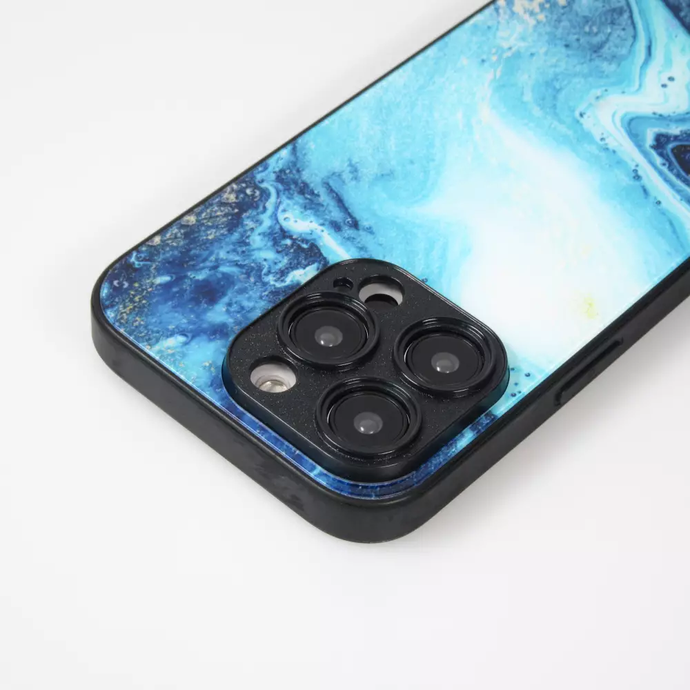 iPhone 13 Pro Max Case Hülle - Glass Marmor mit Silikonrand - Dunkelblau