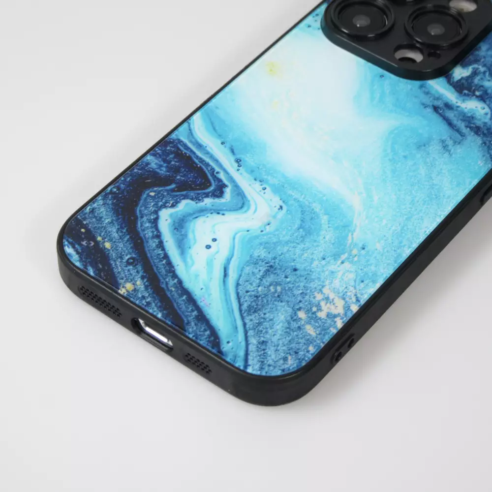 iPhone 13 Pro Max Case Hülle - Glass Marmor mit Silikonrand - Dunkelblau