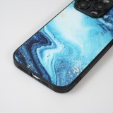Coque iPhone 13 Pro Max - Glass marbre avec bord en silicone - Bleu foncé