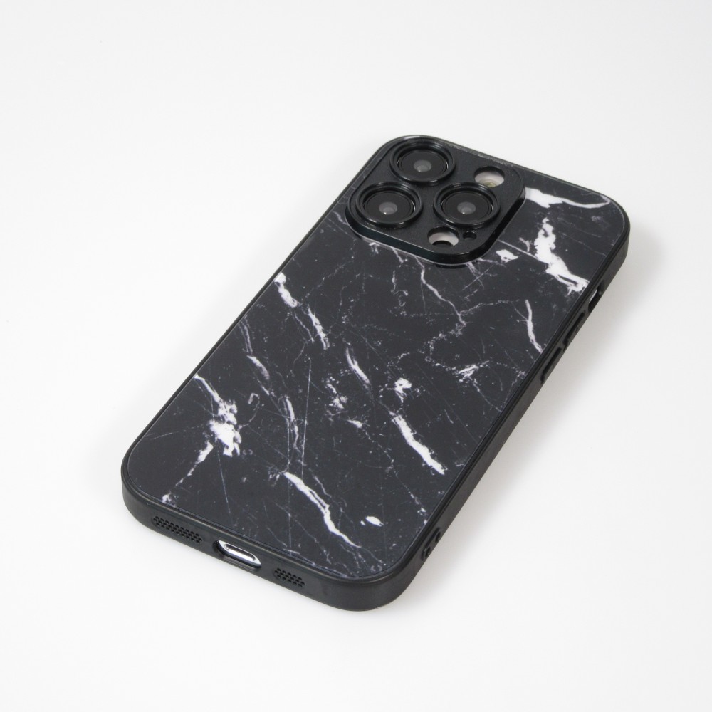 Coque iPhone 13 Pro - Glass marbre avec bord en silicone - Noir
