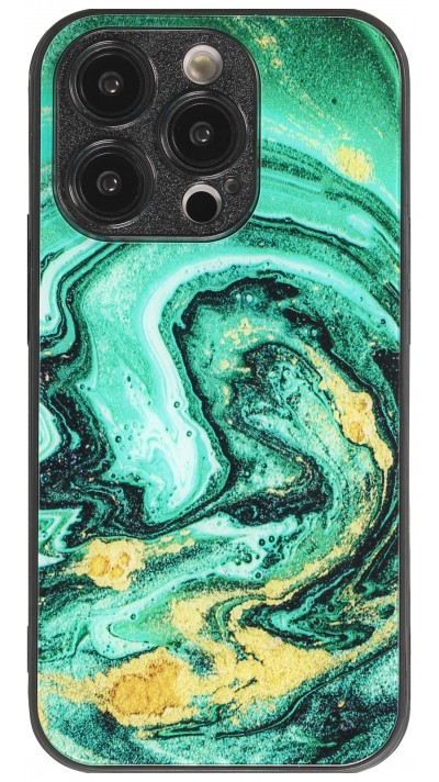 Coque iPhone 14 Pro - Glass marbre avec bord en silicone - Vert
