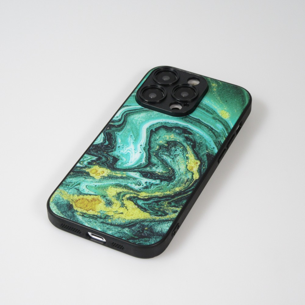 iPhone 13 Pro Case Hülle - Glass Marmor mit Silikonrand - Grün