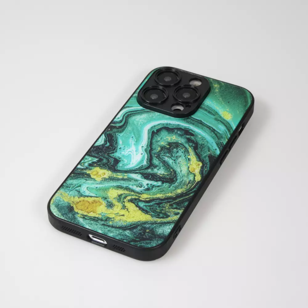 iPhone 13 Pro Max Case Hülle - Glass Marmor mit Silikonrand - Grün