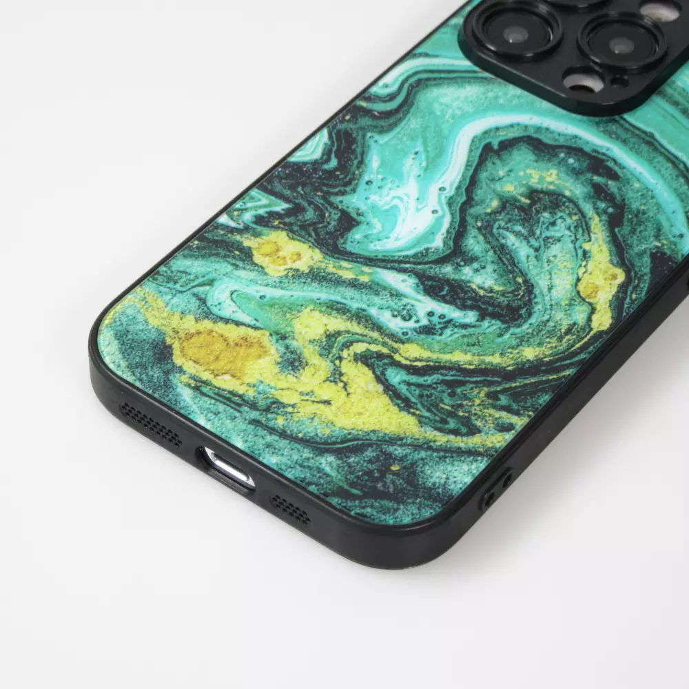 iPhone 13 Pro Max Case Hülle - Glass Marmor mit Silikonrand - Grün