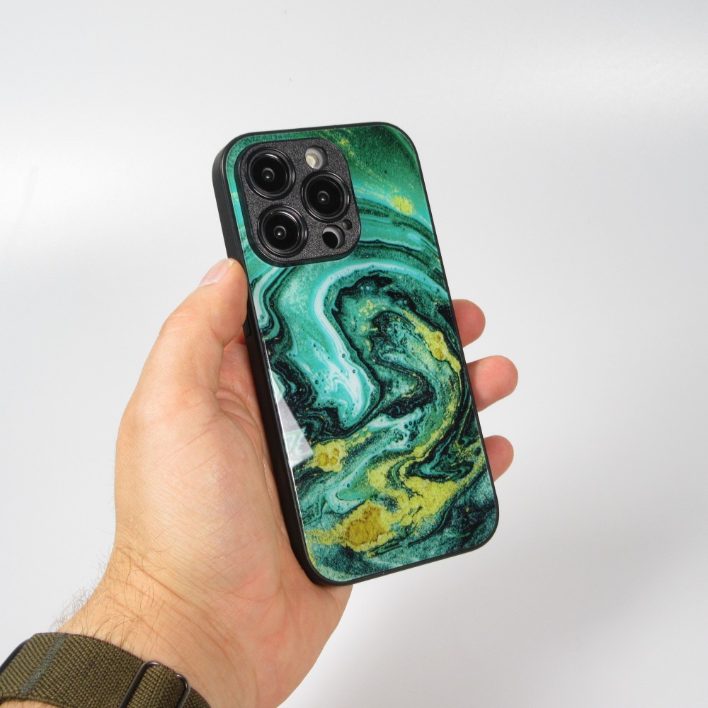 iPhone 13 Pro Case Hülle - Glass Marmor mit Silikonrand - Grün