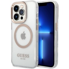 Coque iPhone 14 Pro - Guess silicone rigide avec MagSafe en doré - Transparent
