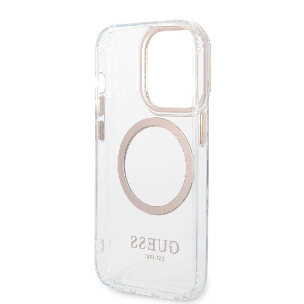 Coque iPhone 14 Pro - Guess silicone rigide avec MagSafe en doré - Transparent