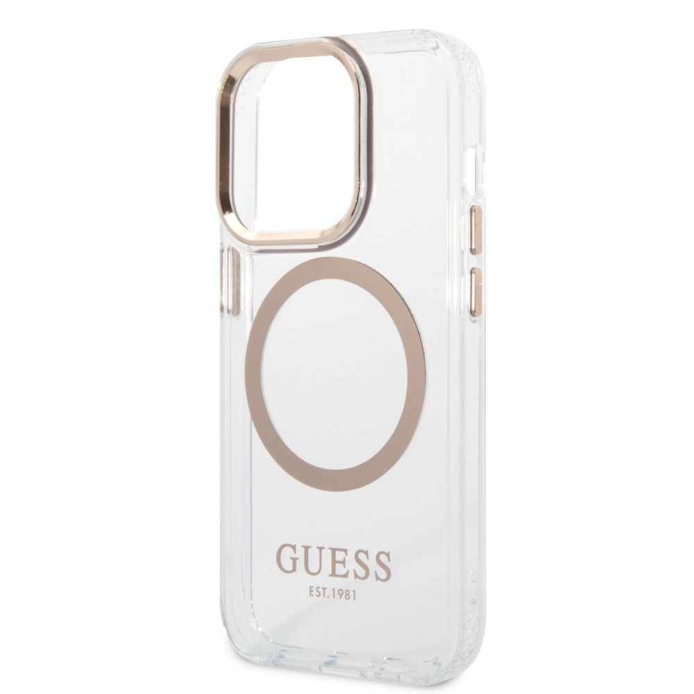Coque iPhone 14 Pro - Guess silicone rigide avec MagSafe en doré - Transparent