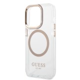 Coque iPhone 14 Pro - Guess silicone rigide avec MagSafe en doré - Transparent