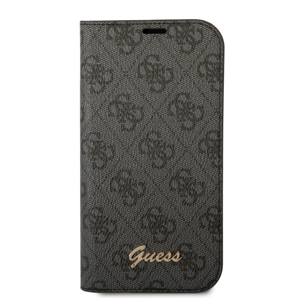 Fourre iPhone 14 Pro - Flip Guess toile similicuir avec logo métallique doré en relief - Noir