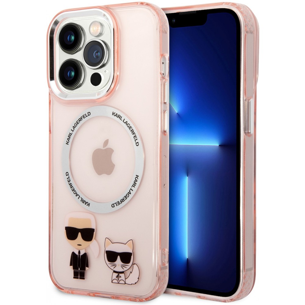 Coque iPhone 14 Pro - Karl Lagerfeld et Choupette duo gel rigide avec MagSafe argenté - Rose