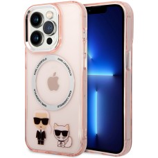 Coque iPhone 14 Pro - Karl Lagerfeld et Choupette duo gel rigide avec MagSafe argenté - Rose