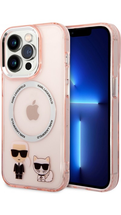 Coque iPhone 14 Pro - Karl Lagerfeld et Choupette duo gel rigide avec MagSafe argenté - Rose