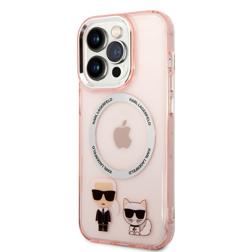 Coque iPhone 14 Pro - Karl Lagerfeld et Choupette duo gel rigide avec MagSafe argenté - Rose