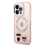 Coque iPhone 14 Pro - Karl Lagerfeld et Choupette duo gel rigide avec MagSafe argenté - Rose