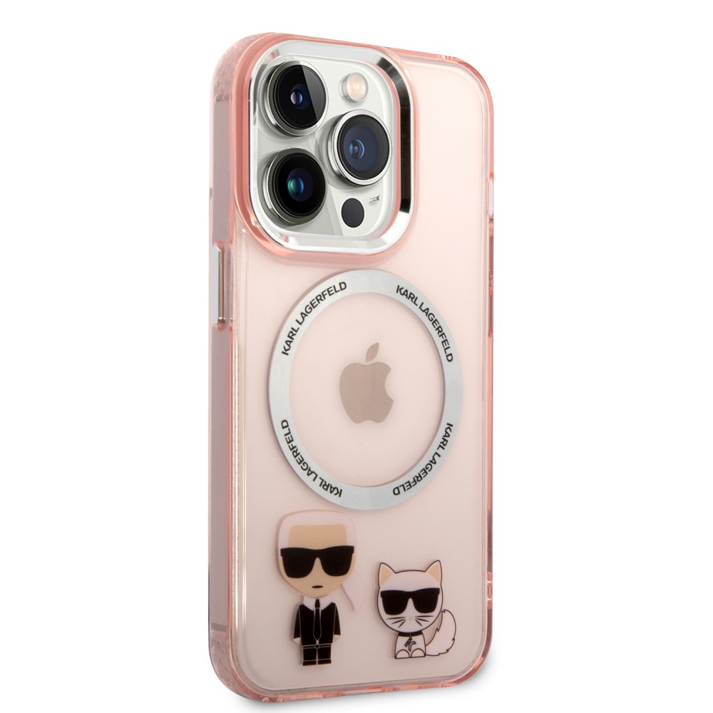 Coque iPhone 14 Pro - Karl Lagerfeld et Choupette duo gel rigide avec MagSafe argenté - Rose