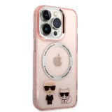 Coque iPhone 14 Pro - Karl Lagerfeld et Choupette duo gel rigide avec MagSafe argenté - Rose