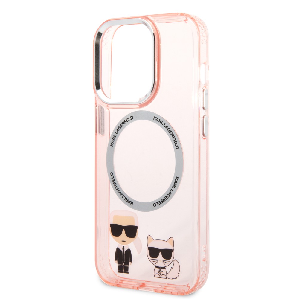 Coque iPhone 14 Pro - Karl Lagerfeld et Choupette duo gel rigide avec MagSafe argenté - Rose