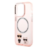 Coque iPhone 14 Pro - Karl Lagerfeld et Choupette duo gel rigide avec MagSafe argenté - Rose