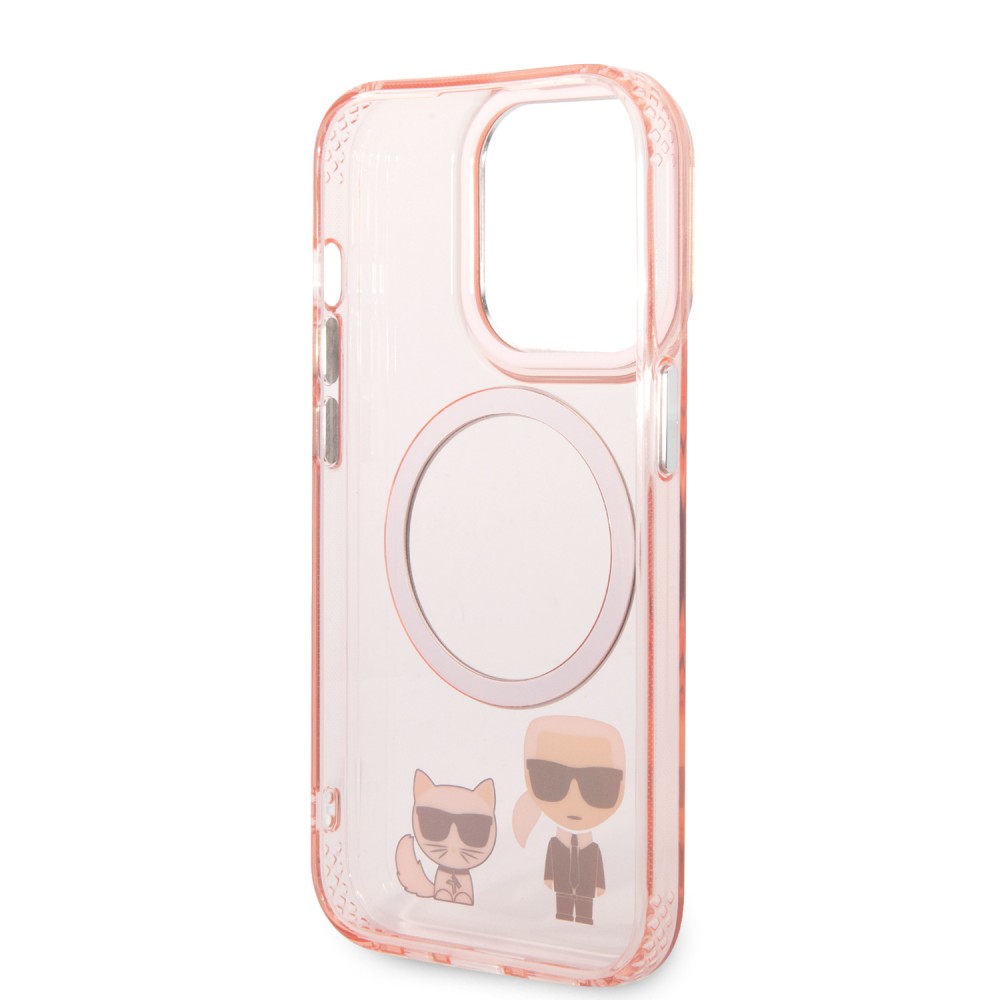 Coque iPhone 14 Pro - Karl Lagerfeld et Choupette duo gel rigide avec MagSafe argenté - Rose