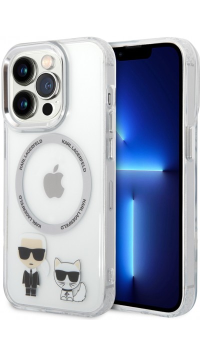 Coque iPhone 15 Pro - Karl Lagerfeld et Choupette duo gel rigide avec MagSafe argenté - Transparent