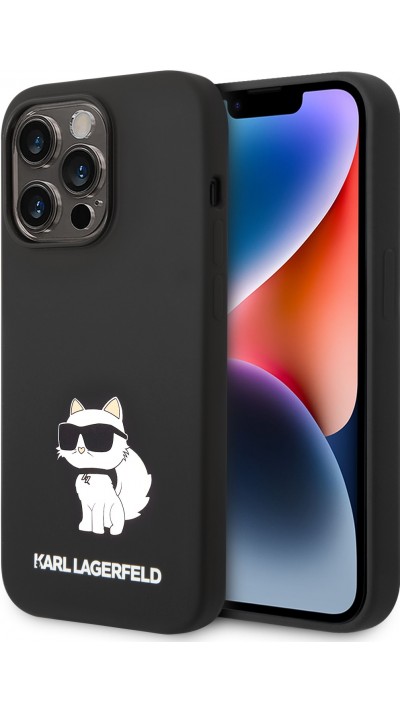 Coque iPhone 14 Pro - Karl Lagerfeld silicone soft touch Choupette - Noir