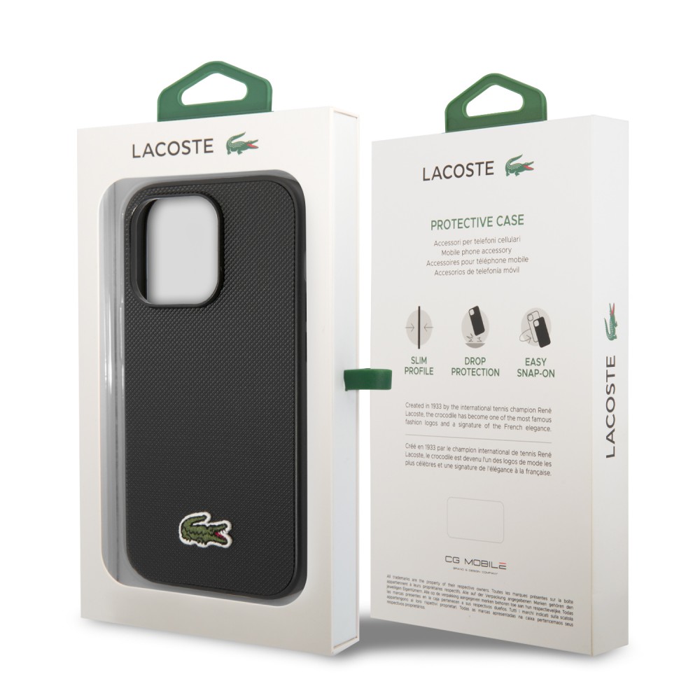Coque iPhone 14 Pro - Lacoste effet Petit Piqué avec MagSafe et patch logo brodé - Noir