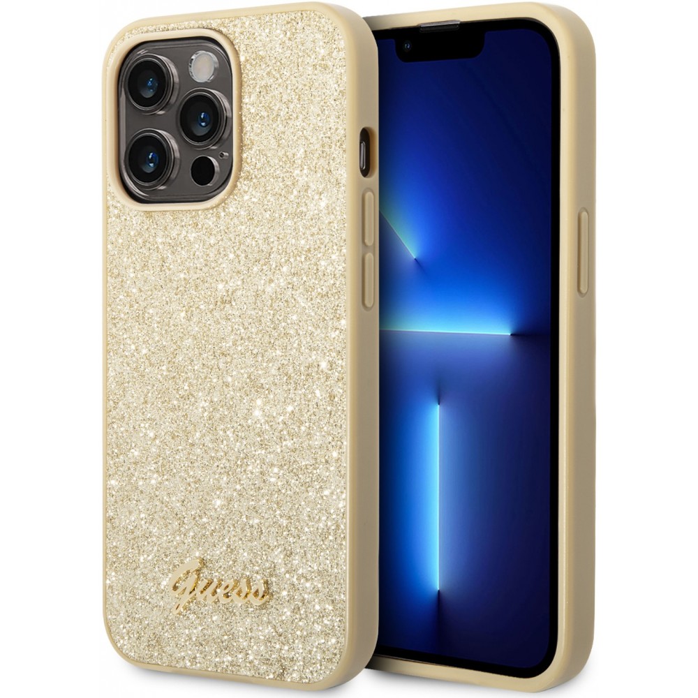 Coque iPhone 14 Pro Max - Guess paillettes or avec logo en métal doré - Or