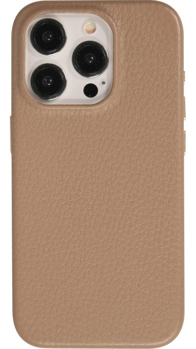 Coque iPhone 14 Pro Max - Cuir de veau luxe grainé intégral avec boutons métalliques et MagSafe - Beige