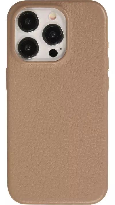 Coque iPhone 14 Pro - Cuir de veau luxe grain&eacute; int&eacute;gral avec boutons m&eacute;talliques et MagSafe - Beige