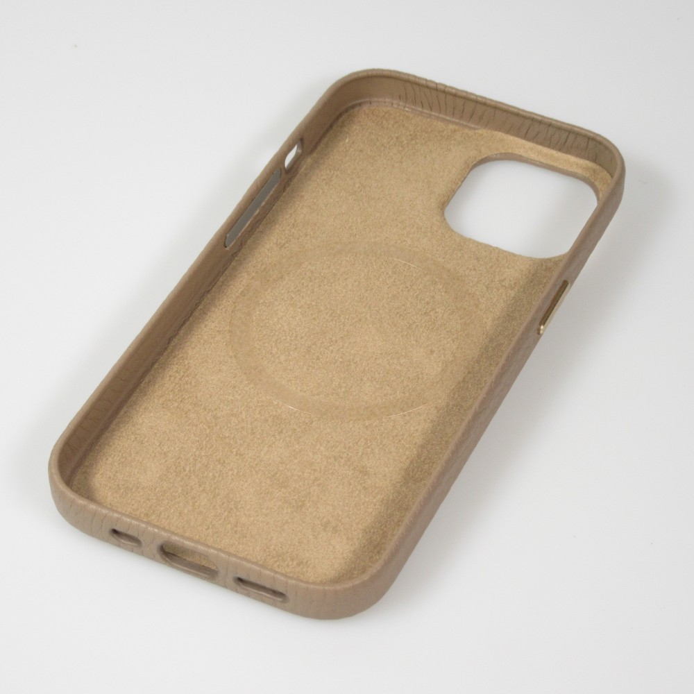 iPhone 14 Pro Max Case H&uuml;lle - Vollst&auml;ndig genarbtes Luxuskalbsleder mit Metallkn&ouml;pfen und MagSafe - Beige