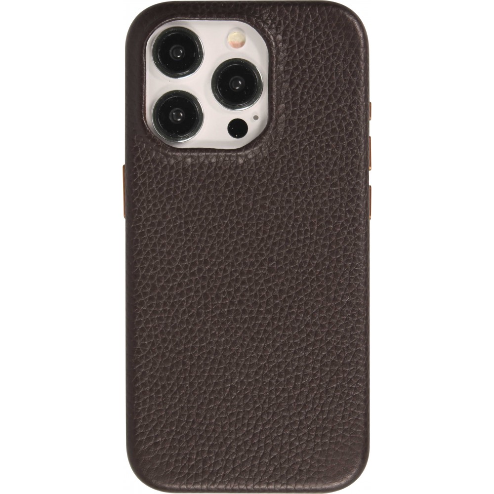 Coque iPhone 15 Pro - Cuir de veau luxe grainé intégral avec boutons métalliques et MagSafe - Brun foncé