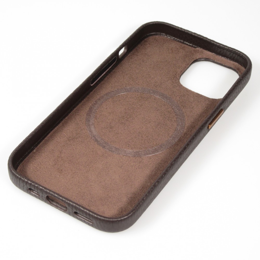 Coque iPhone 15 Pro - Cuir de veau luxe grainé intégral avec boutons métalliques et MagSafe - Brun foncé