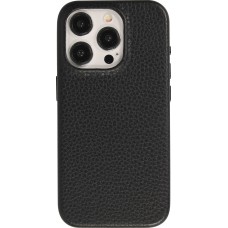 Coque iPhone 15 Pro Max - Cuir de veau luxe grainé intégral avec boutons métalliques et MagSafe - Noir