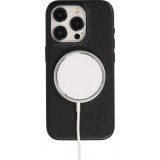 Coque iPhone 15 Pro Max - Cuir de veau luxe grainé intégral avec boutons métalliques et MagSafe - Noir