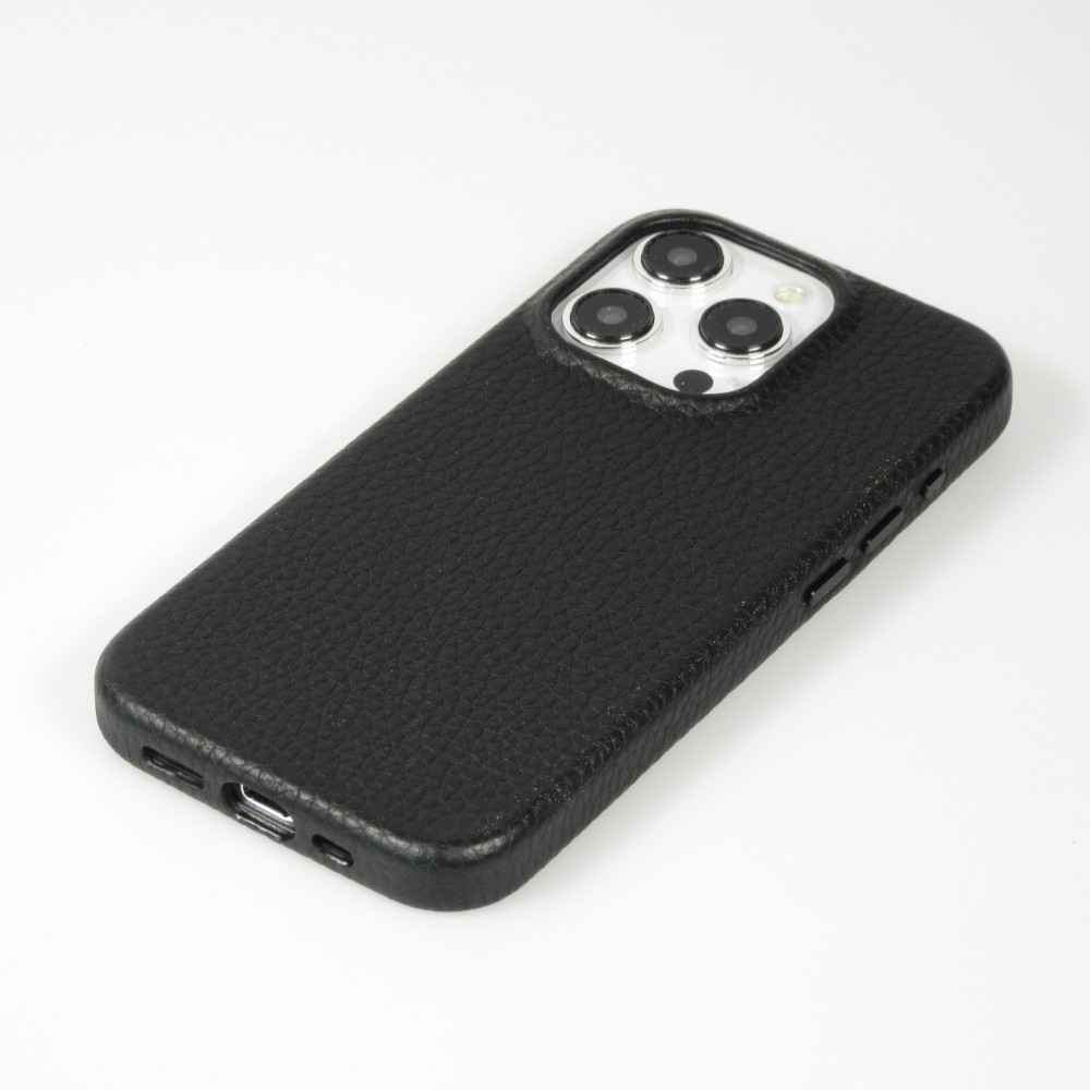 Coque iPhone 15 Pro Max - Cuir de veau luxe grainé intégral avec boutons métalliques et MagSafe - Noir