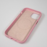iPhone 14 Pro Max Case H&uuml;lle - Vollst&auml;ndig genarbtes Luxuskalbsleder mit Metallkn&ouml;pfen und MagSafe - Rosa