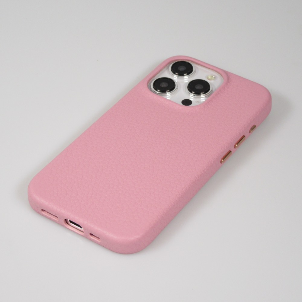 iPhone 14 Pro Max Case H&uuml;lle - Vollst&auml;ndig genarbtes Luxuskalbsleder mit Metallkn&ouml;pfen und MagSafe - Rosa