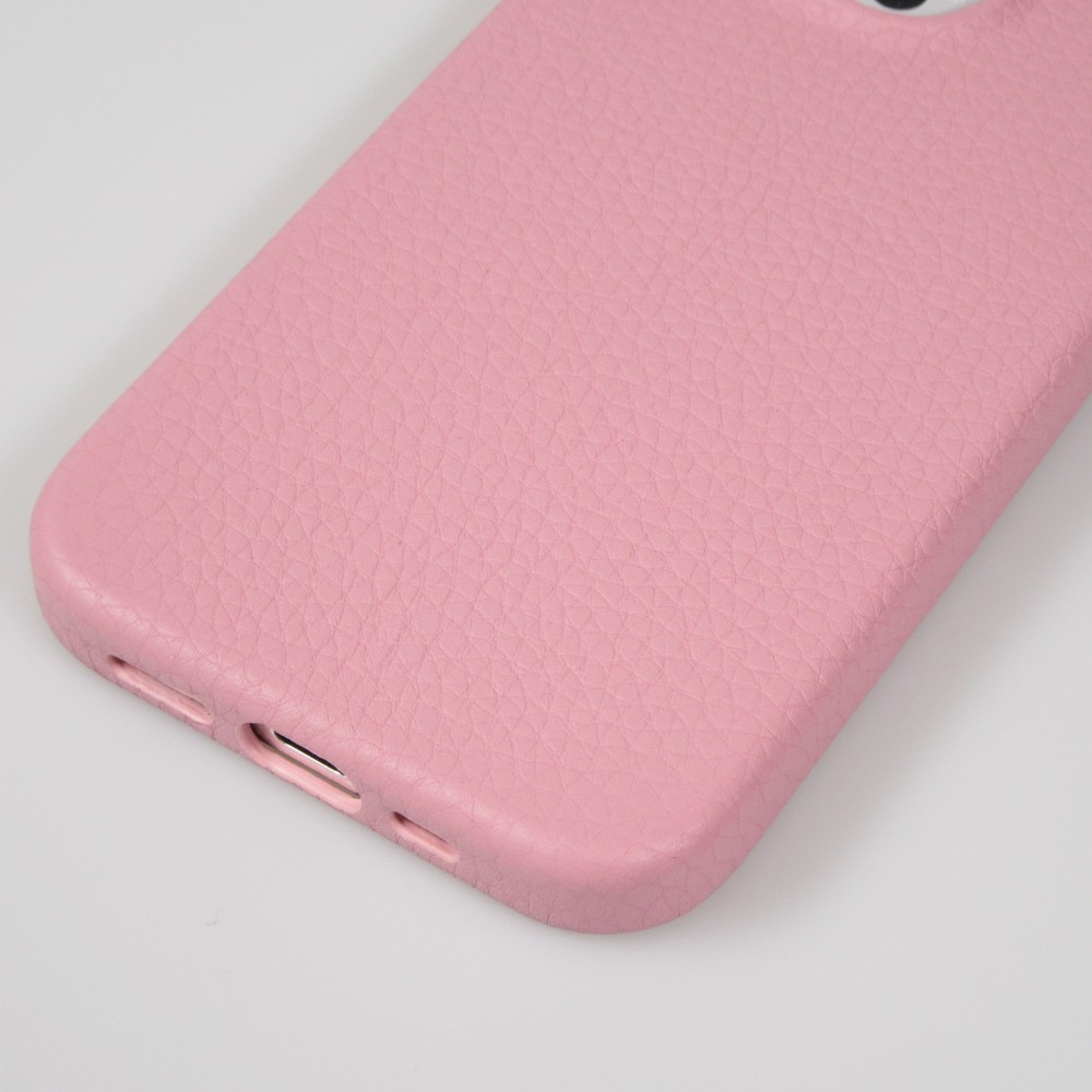 iPhone 14 Pro Max Case H&uuml;lle - Vollst&auml;ndig genarbtes Luxuskalbsleder mit Metallkn&ouml;pfen und MagSafe - Rosa