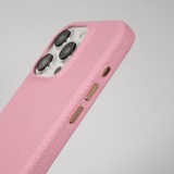 iPhone 14 Pro Max Case H&uuml;lle - Vollst&auml;ndig genarbtes Luxuskalbsleder mit Metallkn&ouml;pfen und MagSafe - Rosa