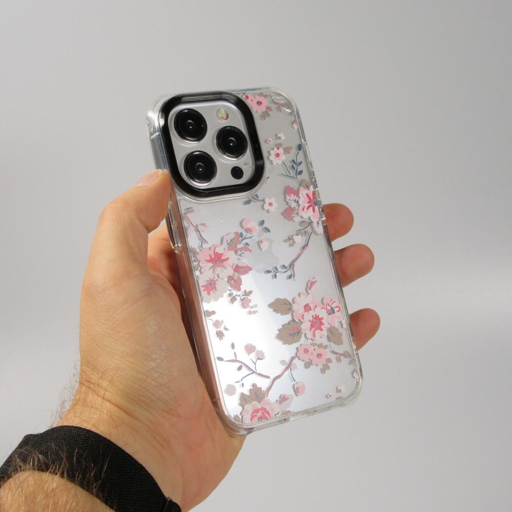 Coque iPhone 15 Pro Max - Gel silicone rigide avec coins renforcés cerisier en fleur - Transparent