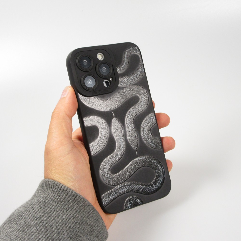 Coque iPhone 14 Pro Max - Gel silicone souple avec protection caméra - Deux serpents - Noir