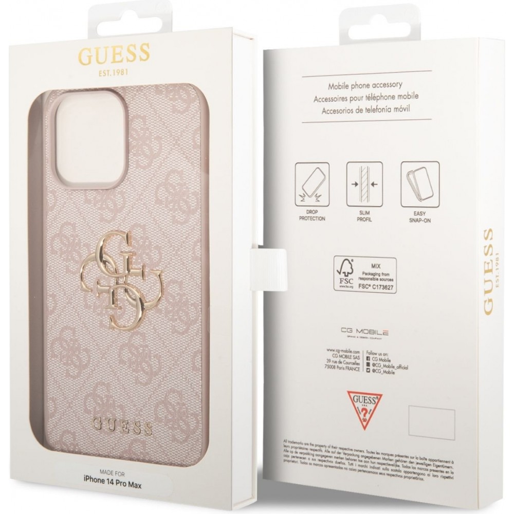 Coque iPhone 14 Pro Max - Guess PU 4G avec logo métal - Rose
