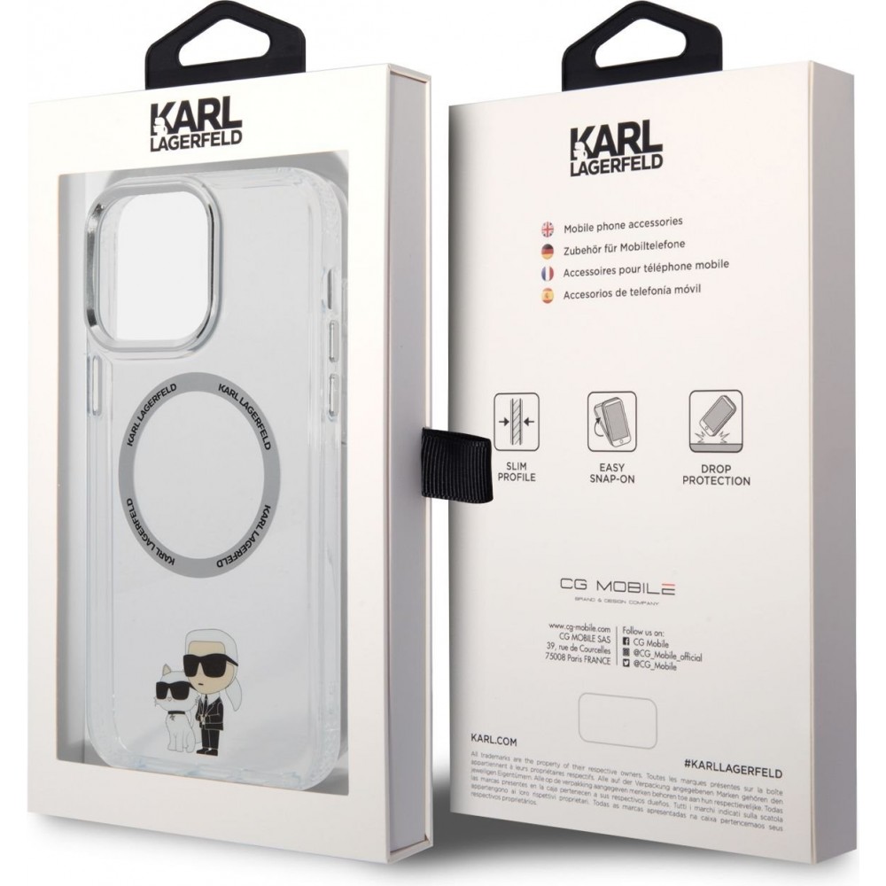 Coque iPhone 14 Pro Max - Karl Lagerfeld et Choupette duo gel rigide avec MagSafe argenté - Transparent